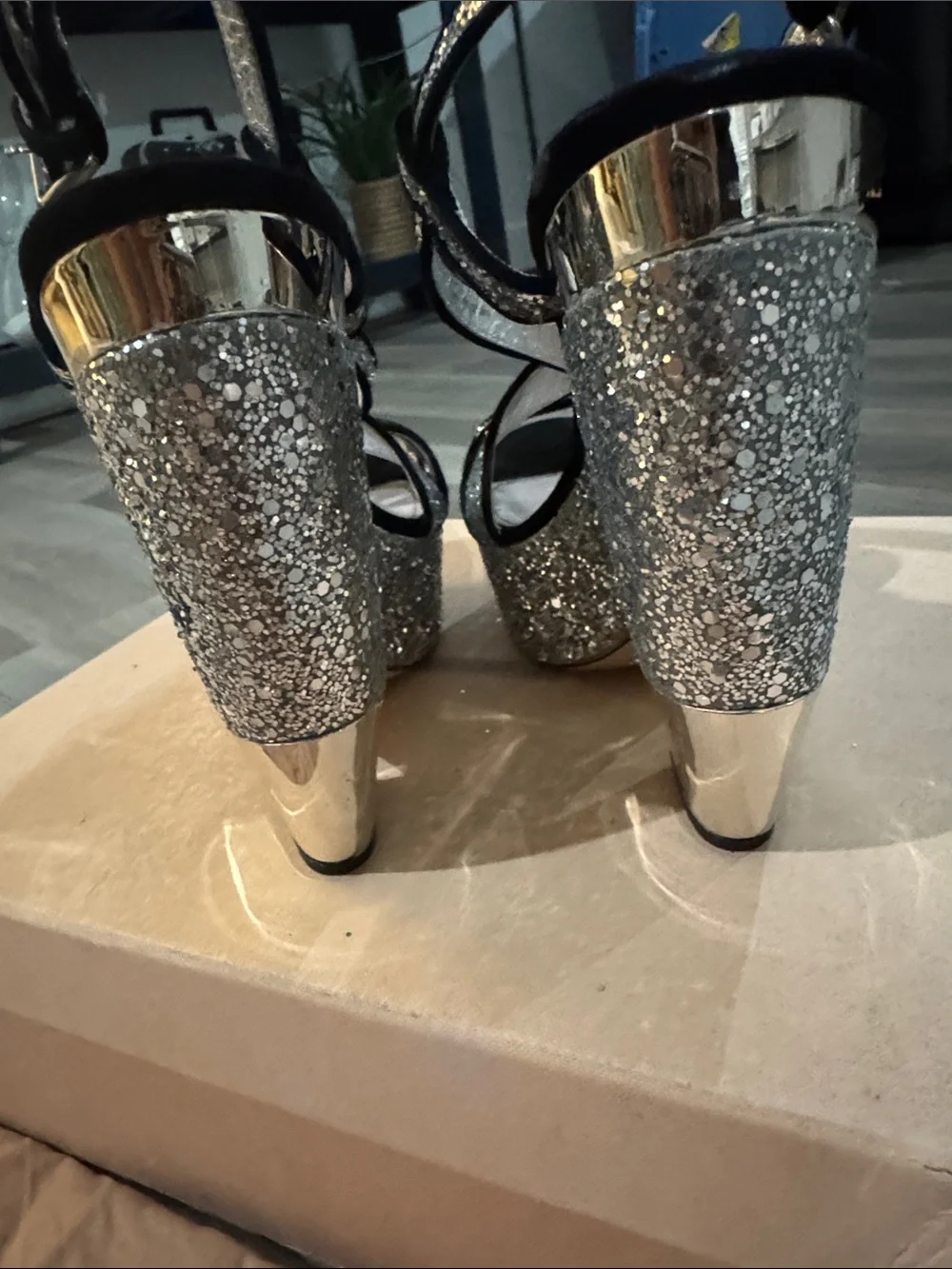 Miu Miu Silver Glitter Platform Slingback Sandals